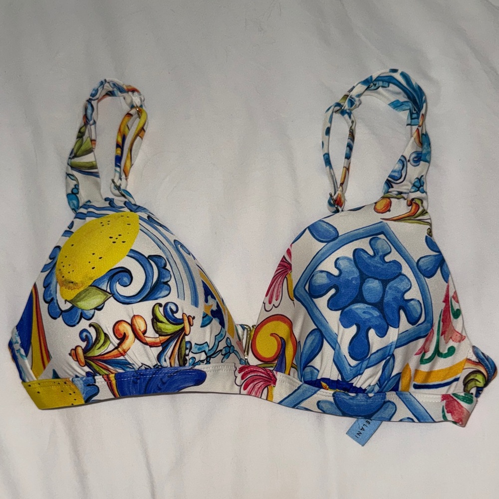 ANTONIO MELANI Blue Floral & Lemon Print Bikini Top